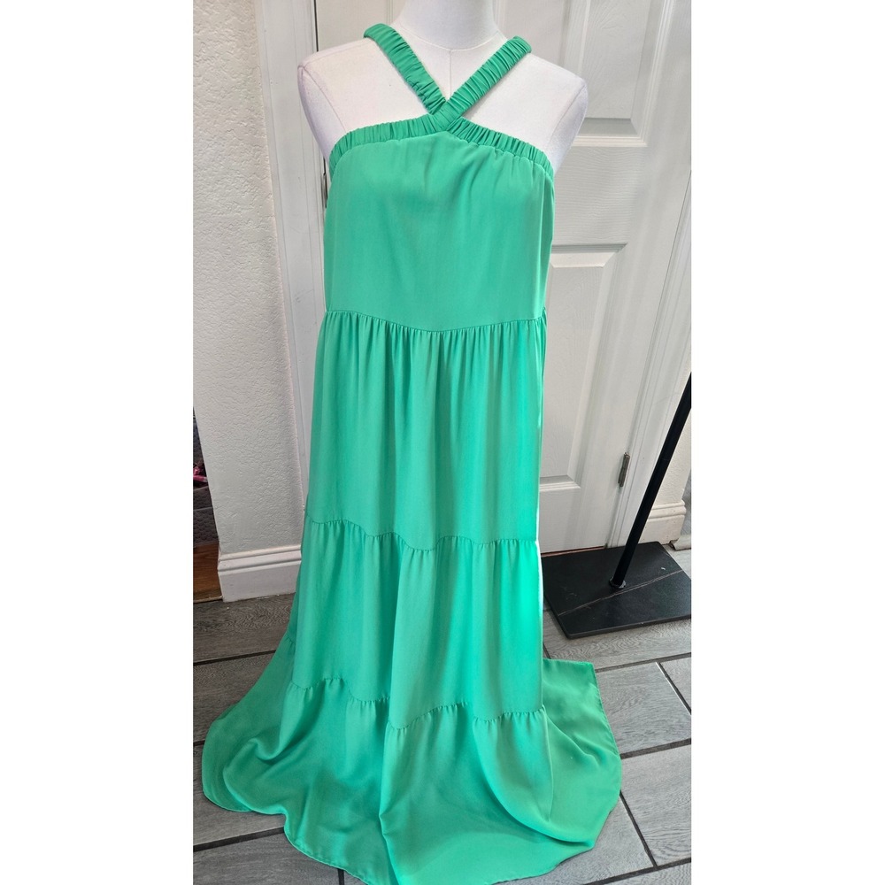 Show Me Your Mumu Green Tiered Maxi Dress Cross Back Halter Small